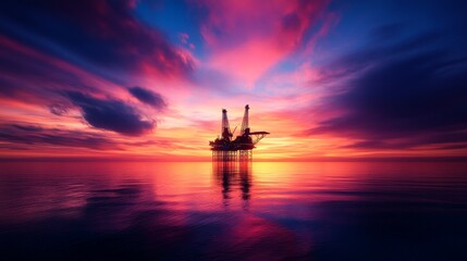 Fototapeta premium An oil rig stands tall against a vibrant sunset sky, its silhouette casting a reflection on the calm water. The image evokes themes of industry, nature, and the beauty found in unexpected places.