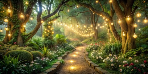 Enchanted Forest Path with String Lights, Digital Art, Green Trees, Path, Flowers, String Lights, Garden