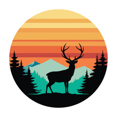Vintage vector art of deer near river and mountains
