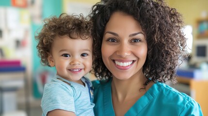 Fototapeta premium Smiling Nurse Holding a Happy Child