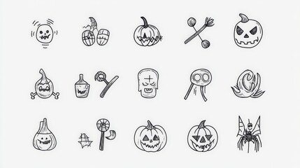 halloween many vector icons outline with white background