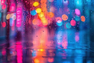Brightly colored lights are reflected on a wet glass window