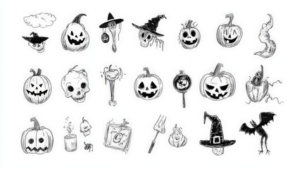halloween many vector icons outline with white background