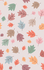 Illustration of colorful and stylized leaves scattered randomly. Repeated pattern design for fabrics, gift wrap, decoration, etc.