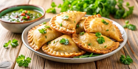 Golden Fried Empanadas with Green Sauce, Food Photography, Empanada, Latin American Food