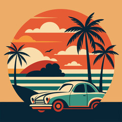  A vintage illustration of a classic car driving on a beach at sunset, palm trees swaying in the breeze. Perfect for creating a nostalgic summer vibe in your designs.