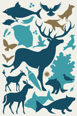  A vibrant, stylized illustration of various animals in a silhouette design. The bold, blue and teal colors create a visually striking statement.