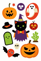  A fun and festive set of Halloween clipart featuring pumpkins, ghosts, a witch's cat, bats, and more. Perfect for adding a spooky touch to your digital or printed designs.
