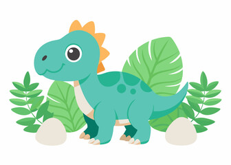 Adorable cartoon dinosaur illustration, perfect for children's books,  products, and designs. This cute and friendly dinosaur surrounded by leaves and eggs is sure to bring a smile to your face.