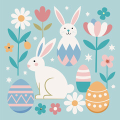  Celebrate Easter with this adorable illustration featuring bunnies, eggs, and spring flowers. Perfect for greeting cards, invitations, and decorations.
