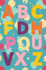  A colorful and playful alphabet illustration featuring bold, stylized letters against a bright blue background. Perfect for adding a fun and vibrant touch to children's books, educational materials.