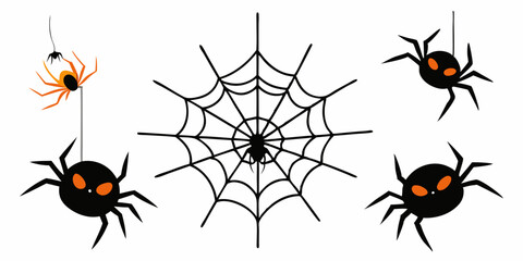  A spooky set of Halloween-themed illustrations featuring black spiders with orange eyes and a spider web. Perfect for adding a creepy touch to your designs.