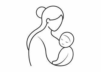  A simple line drawing illustration of a mother holding her baby. The artwork captures the tender bond between a mother and child, and is perfect for use in cards, prints, or social media.