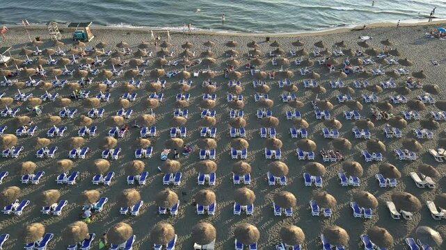 Aerial view of neat rows of thatched beach umbrellas on the ocean shore
