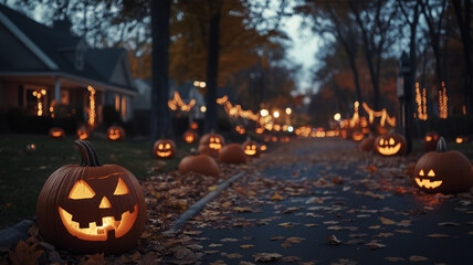 a Halloween festival with carved pumpkins, eerie lighting, and seasonal decorations in a suburban neighborhood