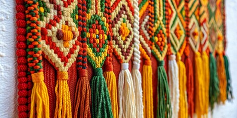Closeup of Vibrant Woven Wall Hanging with Tassels, Red, Green, Yellow, Orange ,macrame ,wall hanging