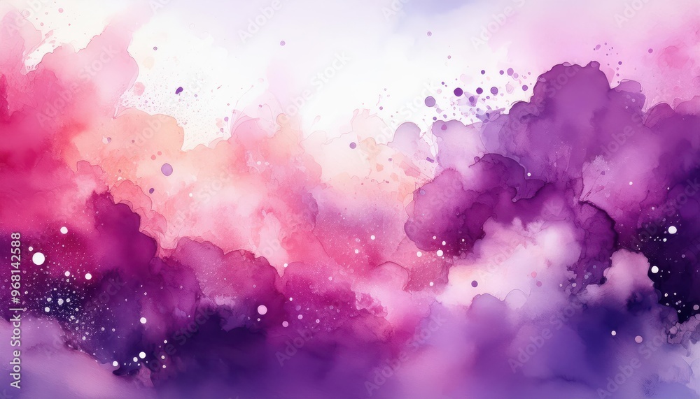 Poster dreamy watercolor clouds in soft pink, lavender, and purple hues with splashes of light. abstract fl