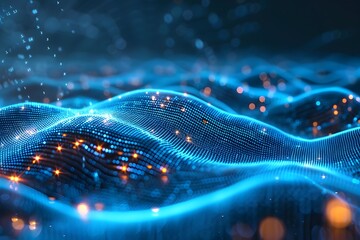 Abstract Digital Waves with Glowing Particles in a Futuristic Landscape