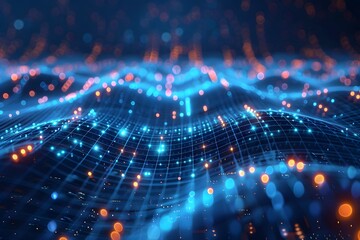 Obraz premium Vibrant Digital Landscape with Glowing Nodes and Waves of Light