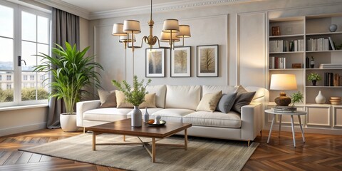 Contemporary Living Room Interior Design with White Sofa, Chandelier and Herringbone Floor, interior design, living room, home decor