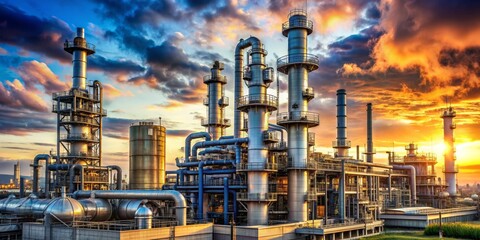 Industrial Sunset A Symphony of Steel and Clouds, refinery, factory, sunset