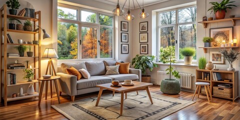 Fototapeta premium Cozy Living Room with Autumn View, White Sofa, Wooden Floor and Pendant Lights, living room, interior design, home decor