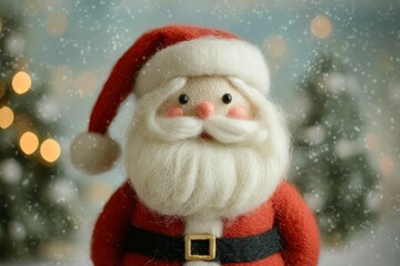 Close-up of a Felt Santa Claus Ornament Against a Snowy Background