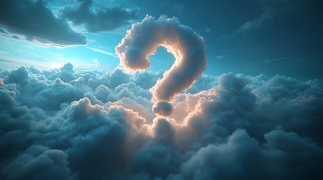 A large question mark shaped cloud formation in a blue sky.