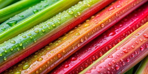 Dew-Kissed Rhubarb Stalks A Close-Up Macro View, Rhubarb, Dewdrops, Macro Photography