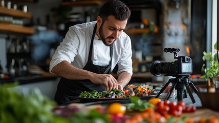 Man food blogger cooking a cake and filming himself with a camera on a tripod. Food blogging and content creation in the kitchen.