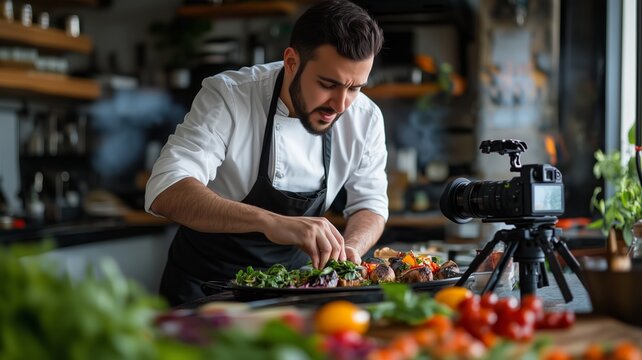 Man food blogger cooking a cake and filming himself with a camera on a tripod. Food blogging and content creation in the kitchen.