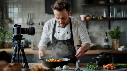 Man food blogger cooking a cake and filming himself with a camera on a tripod. Food blogging and content creation in the kitchen.