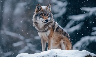 Fototapeta premium Majestic Wolf in a Snowy Forest During a Gentle Snowfall at Dusk