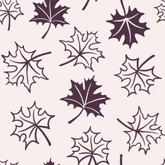 Seamless pattern of fallen maple leaves on a beige background. Hand-drawn black line art. Cozy fall season. Autumn nature and forest elements. Vector design for textile, wallpaper, wrapping paper.