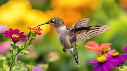 Fototapeta premium A close-up of a hummingbird feeding on nectar from a brightly colored flower