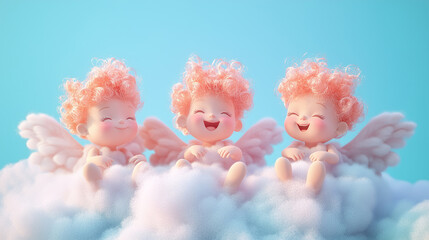 Three adorable angel dolls with delicate wings and serene smiles stand together in soft light, creating a peaceful and charming atmosphere perfect for Christmas or decor.