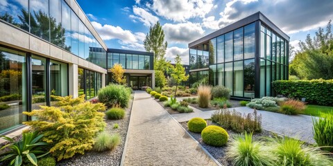 Obraz premium Modern Architecture and Lush Greenery A Glimpse into a Serene Landscape, modern architecture, landscaping, design