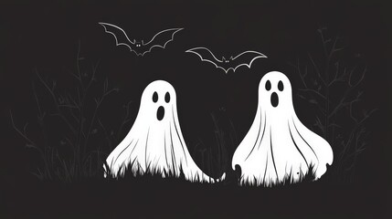 Minimalist cartoon of white cloth ghosts with the silhouette of bats flying around then