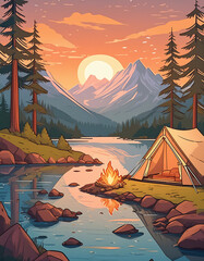 Sunset camping scene by a river with mountains in the background