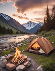 Majestic mountain landscape with a tent and campfire by a river at dusk