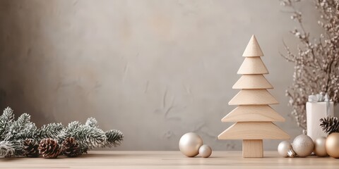 Fototapeta premium Sapin en bois minimaliste avec boules de noël sur table festive