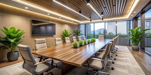 Obraz premium Modern Conference Room with Wooden Table and Chairs, Interior Design, Office Space, Urban View, Meeting Room, Corporate Office, Business Interior