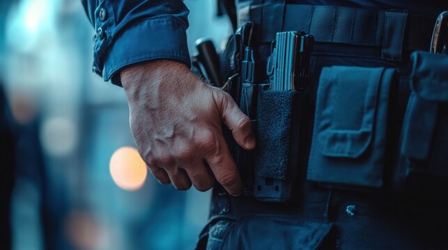 Police officer adjusting firearm holster on duty during late evening patrol in the city