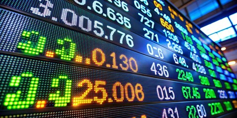 Fototapeta premium Financial Market Data Display A Close-Up View of Fluctuating Numbers, stock market, stock exchange, market data