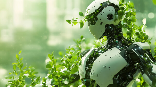 Futuristic bio-robot powered by photosynthesis stands in a sunlit greenhouse, blending advanced technology with nature, highlighting the concept of sustainable, eco-friendly artificial intelligence.