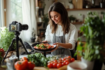 Woman food blogger cooking a cake and filming himself with a camera on a tripod. Food blogging and content creation in the kitchen.