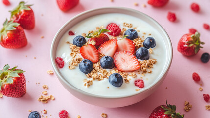 bowl of yogurt topped with sliced strawberries, whole blueberries, and granola or crunchy cereal on pink background