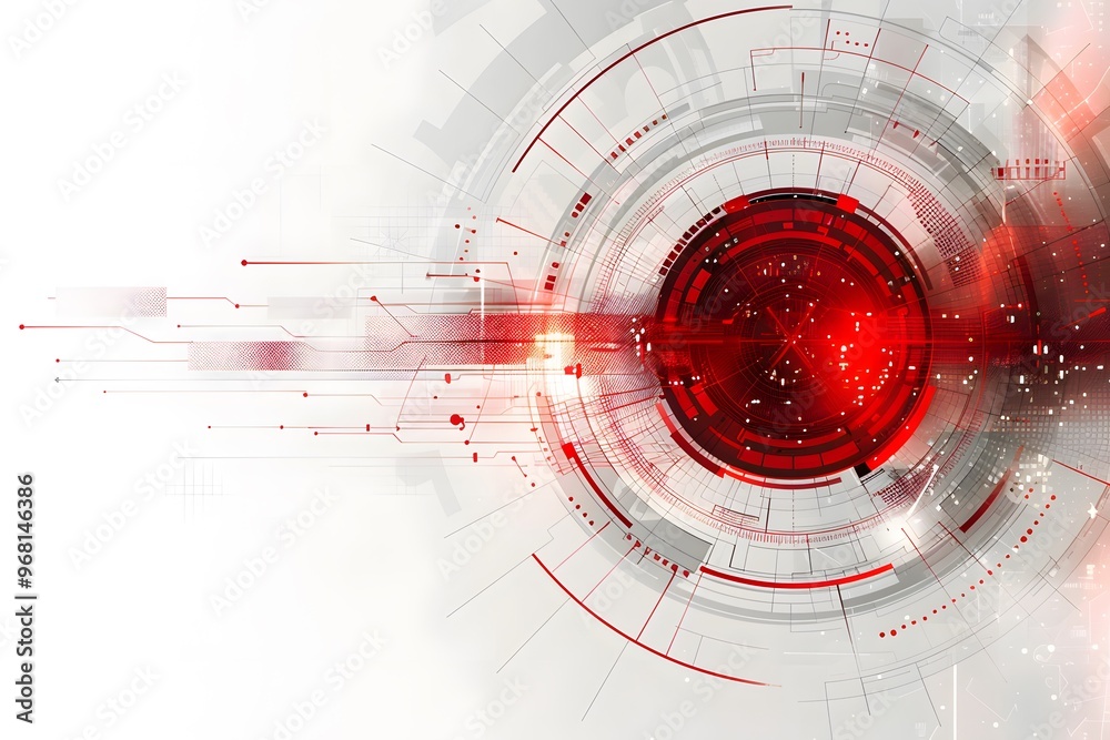Poster futuristic abstract design with red circular elements and dynamic lines
