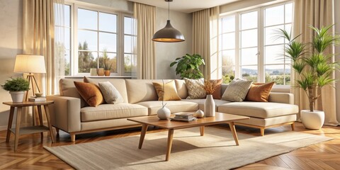 Fototapeta premium Modern Living Room Interior Design with Beige Sofa and Wooden Floor, 3D Rendering, Living Room, Interior Design