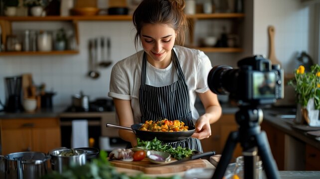 Woman food blogger cooking a cake and filming himself with a camera on a tripod. Food blogging and content creation in the kitchen.
